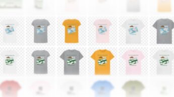 Lots of different t-shirts as link to t-shirt shop